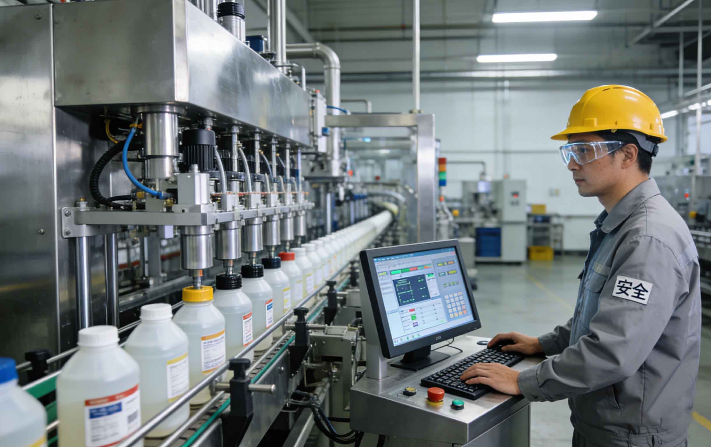 High-speed automatic chemical filling machine line in a modern factory in Asia.