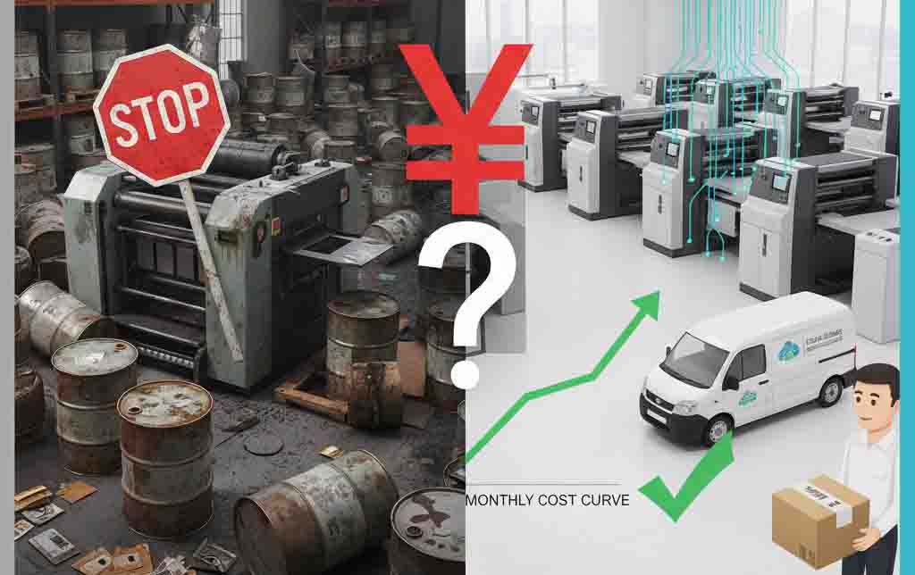 Comic-style infographic comparing traditional ink sourcing vs. subscription services with left and right split screens.