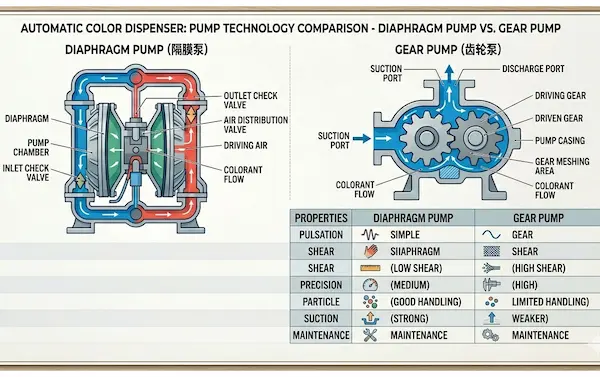 The “Heart” of an Automatic Colorant Dispenser: Diaphragm Pump vs. Gear Pump – Which is More Accurate and Durable?