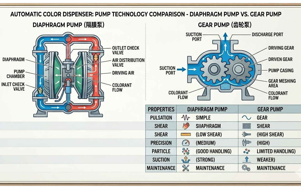 Comparison chart of diaphragm pump vs gear pump in color mixing machine