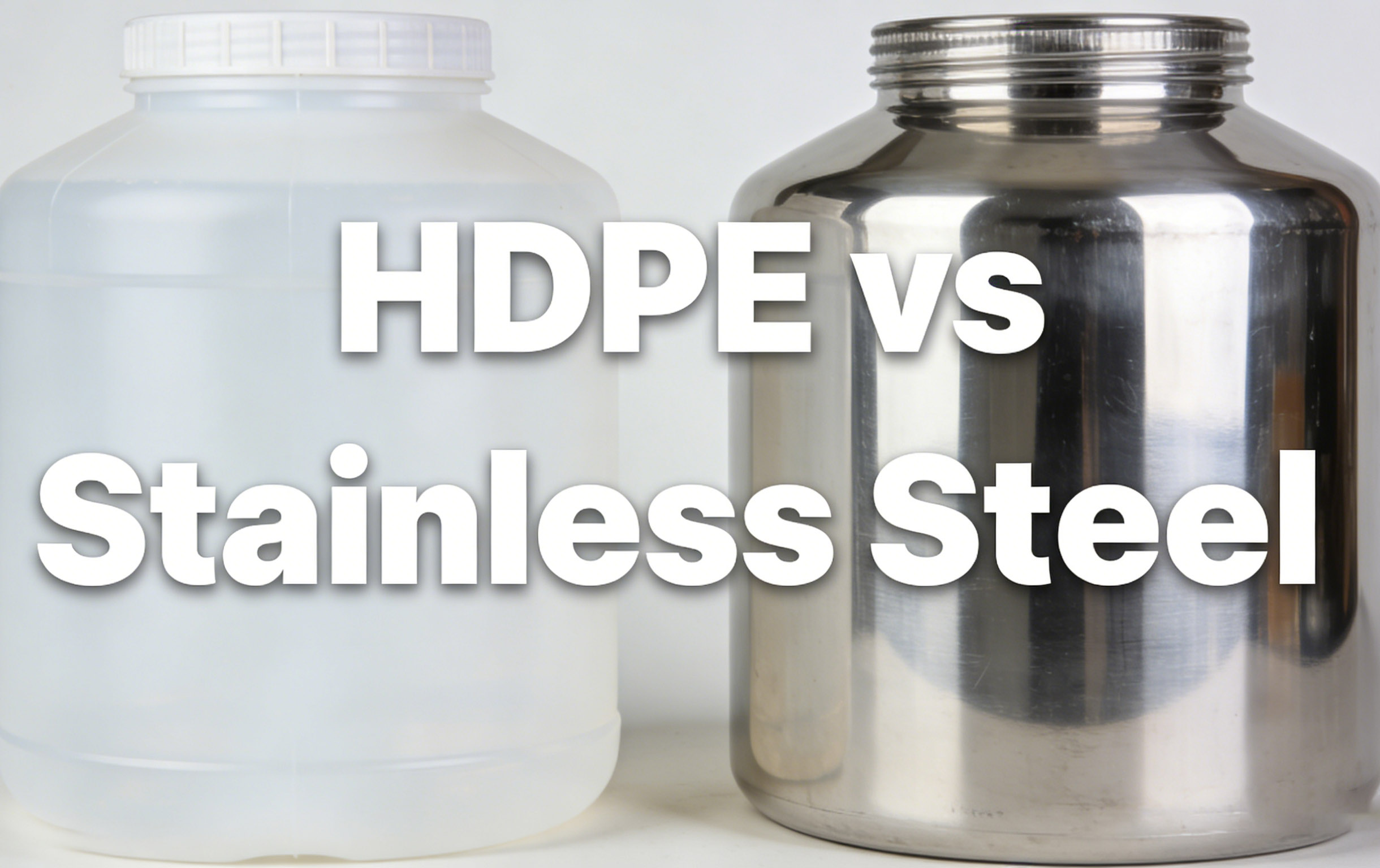 Side-by-side comparison of a food-grade HDPE plastic colorant container and a polished 316L stainless steel tank for paint and colorant storage
