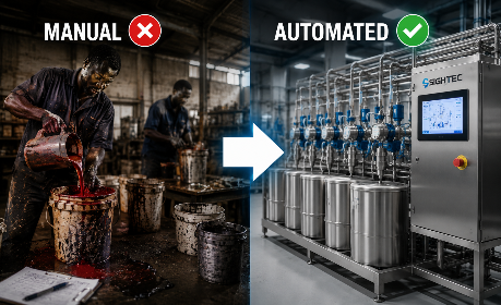 Manual vs automated dispensing in African factories, showing shift from labor-intensive processes to industrial automation
