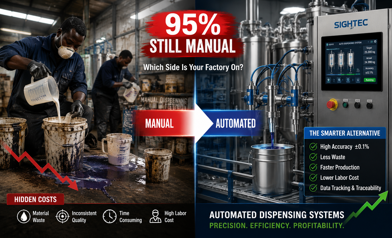Manual vs automated dispensing in African factories, showing transition from labor-intensive processes to industrial automation systems